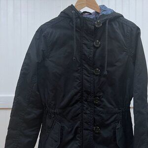 American Eagle Black Hooded Jacket Women's Medium Button Front Winter Coat
